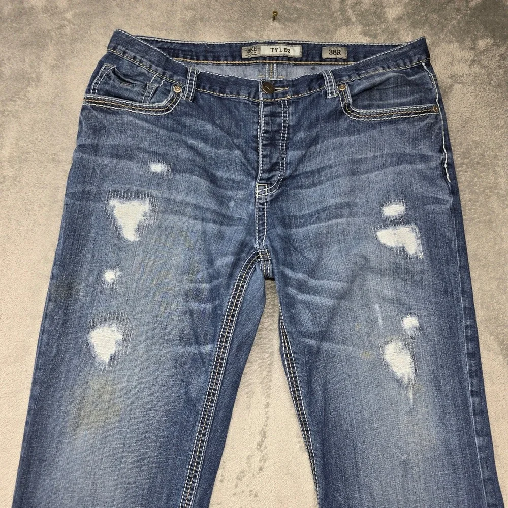 BKE Tyler Mens Distressed Straight Leg Jeans 38R Blue Button Fly ABM4298‎